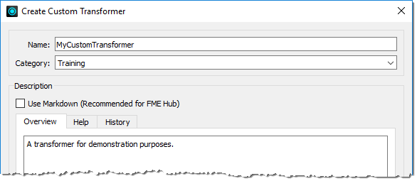 Create Custom Transformer dialog